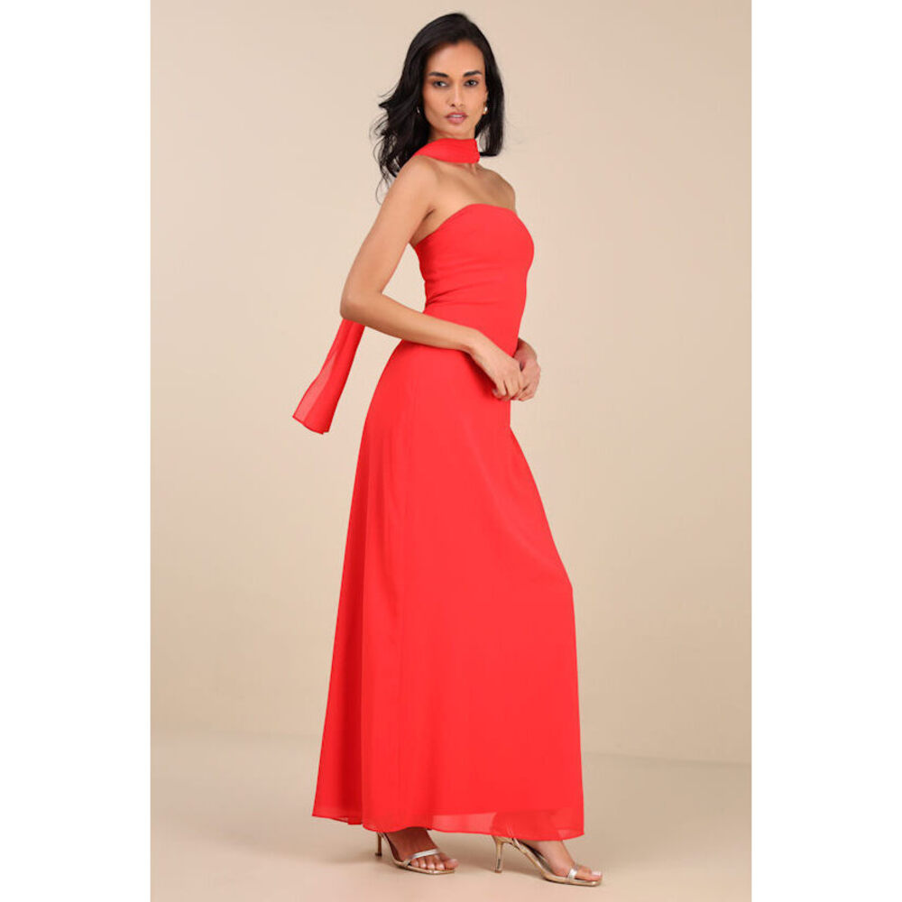 Lulus Rawya Red Orange Strapless Maxi Dress And Scarf Set - Size M